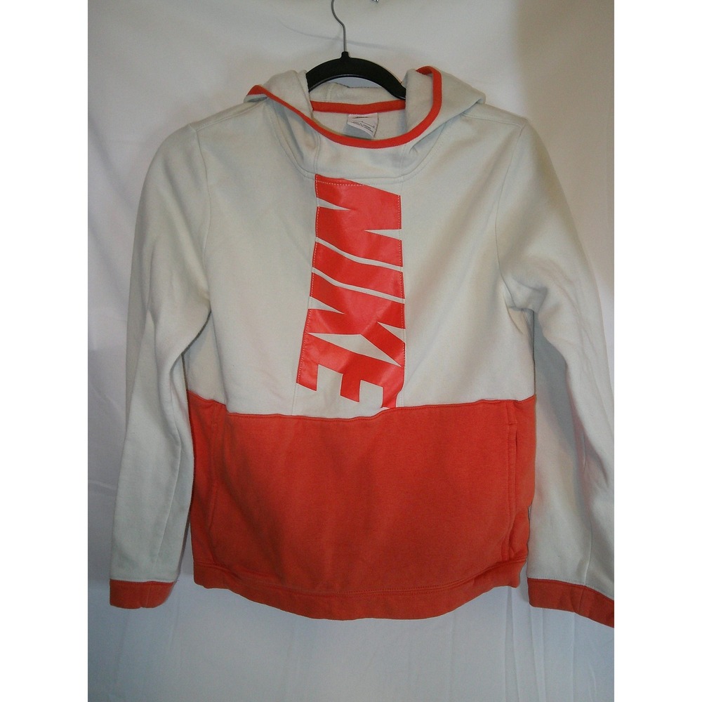 Vintage Nike Hoodie‎ Kids L Orange & White Pullover Sweatshirt Athletic Apparel